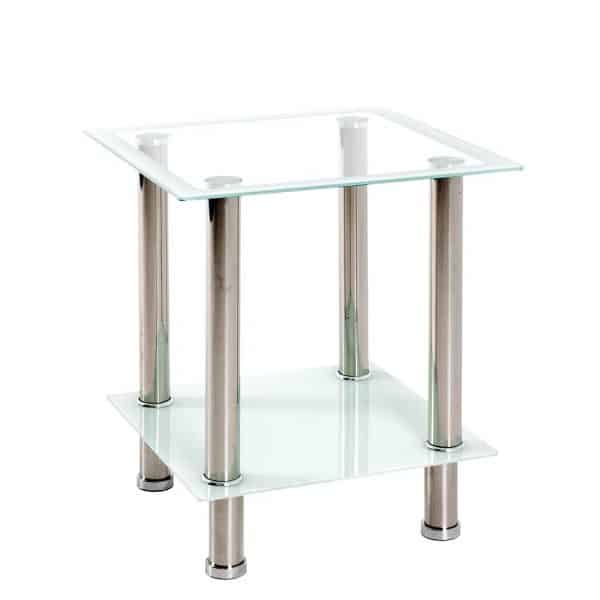 Glastisch mit Edelstahl Vierfußgestell quadratisch