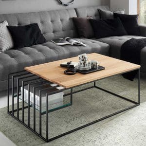 Design Couchtisch in Eichefarben und Schwarz Glasablage