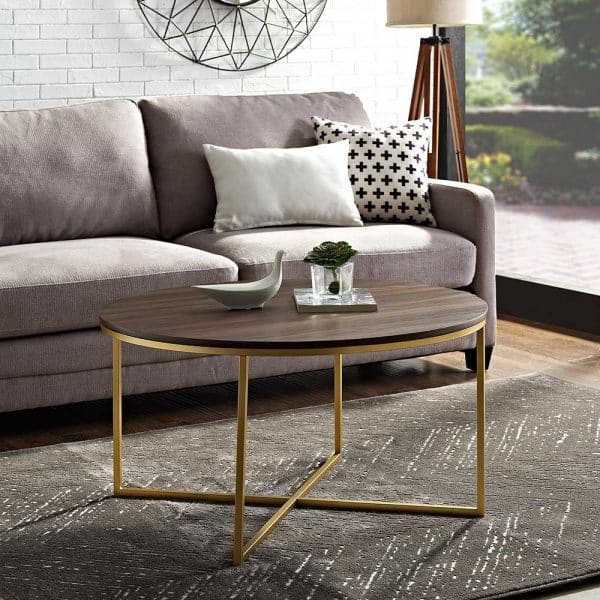 Wohnzimmer Tisch Retro mit runder Platte Gestell Goldfarben