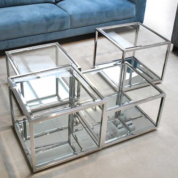 Moderne Couchtische aus Glas und Edelstahl Bügelgestell (vierteilig)